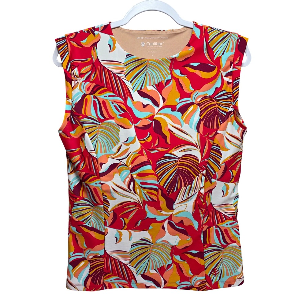Coolibar Kaylena Tank Swim Top Womens L Tropical Leaf UPF 50 Shelf Bra Red White